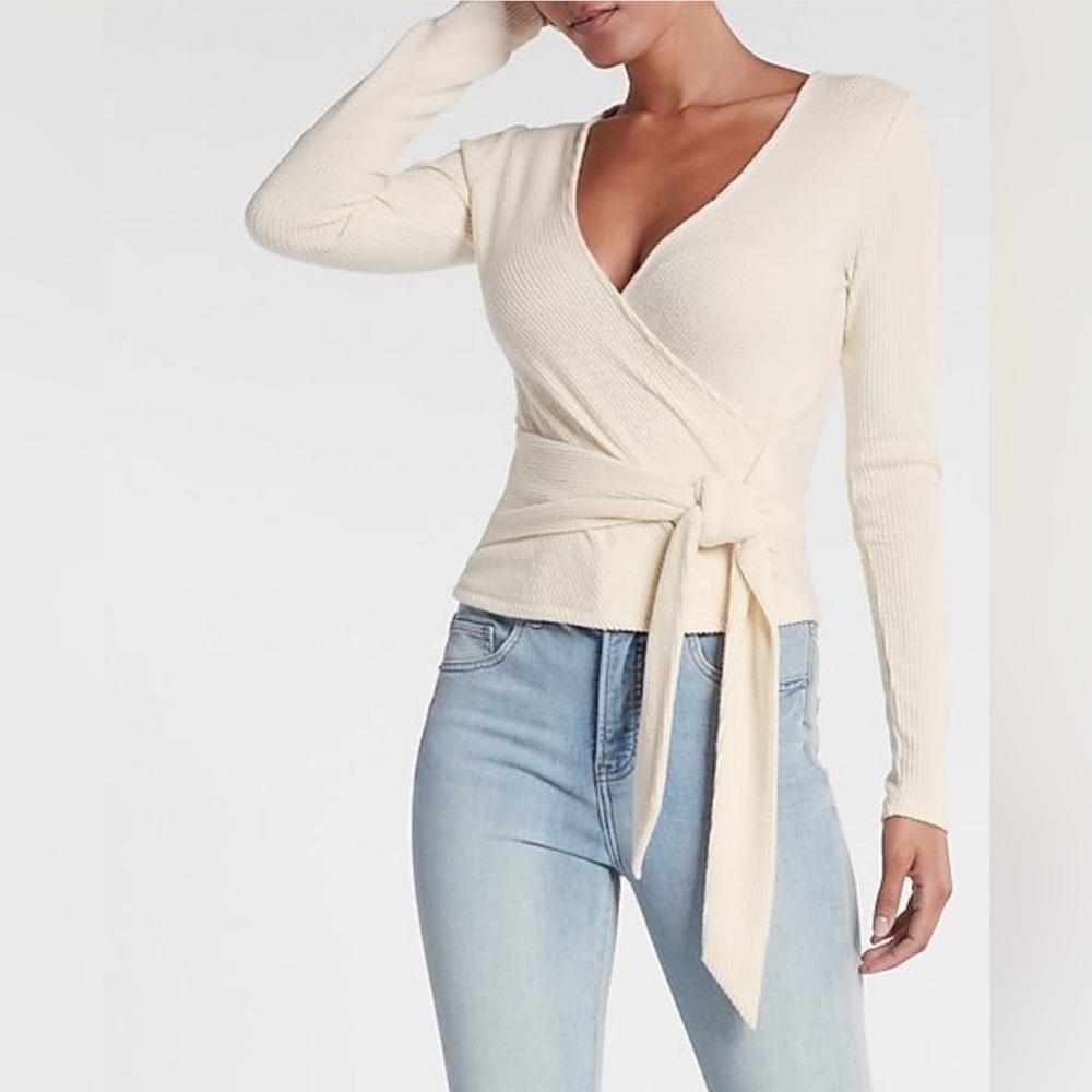 Express Cream Ribbed Wrap Top